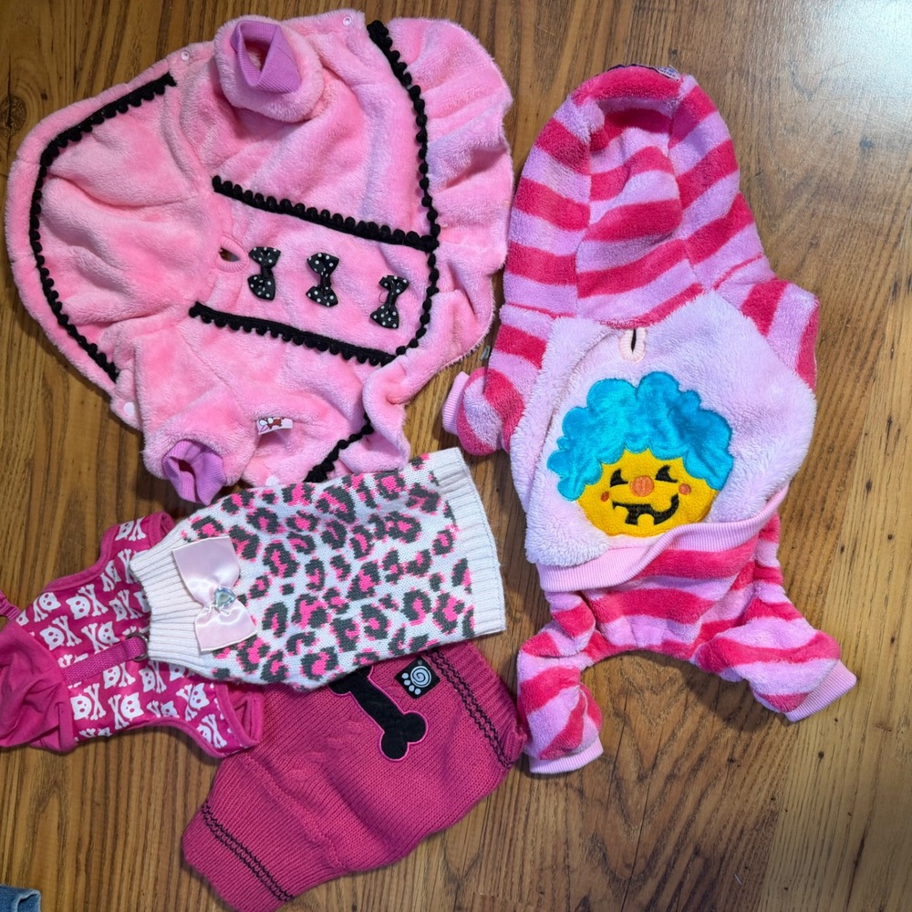 Lot of 5 Pink Small Dog Clothes XS Fleece Jumpsuit Leopard Sweater Harness Dress